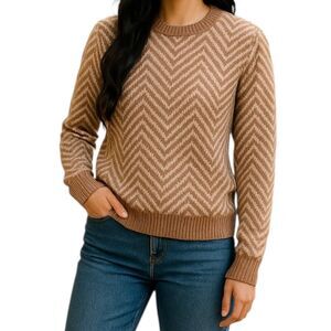 Ganni Zig Zag Brown beige Wool Blend chunky crewneck Sweater womens Medium